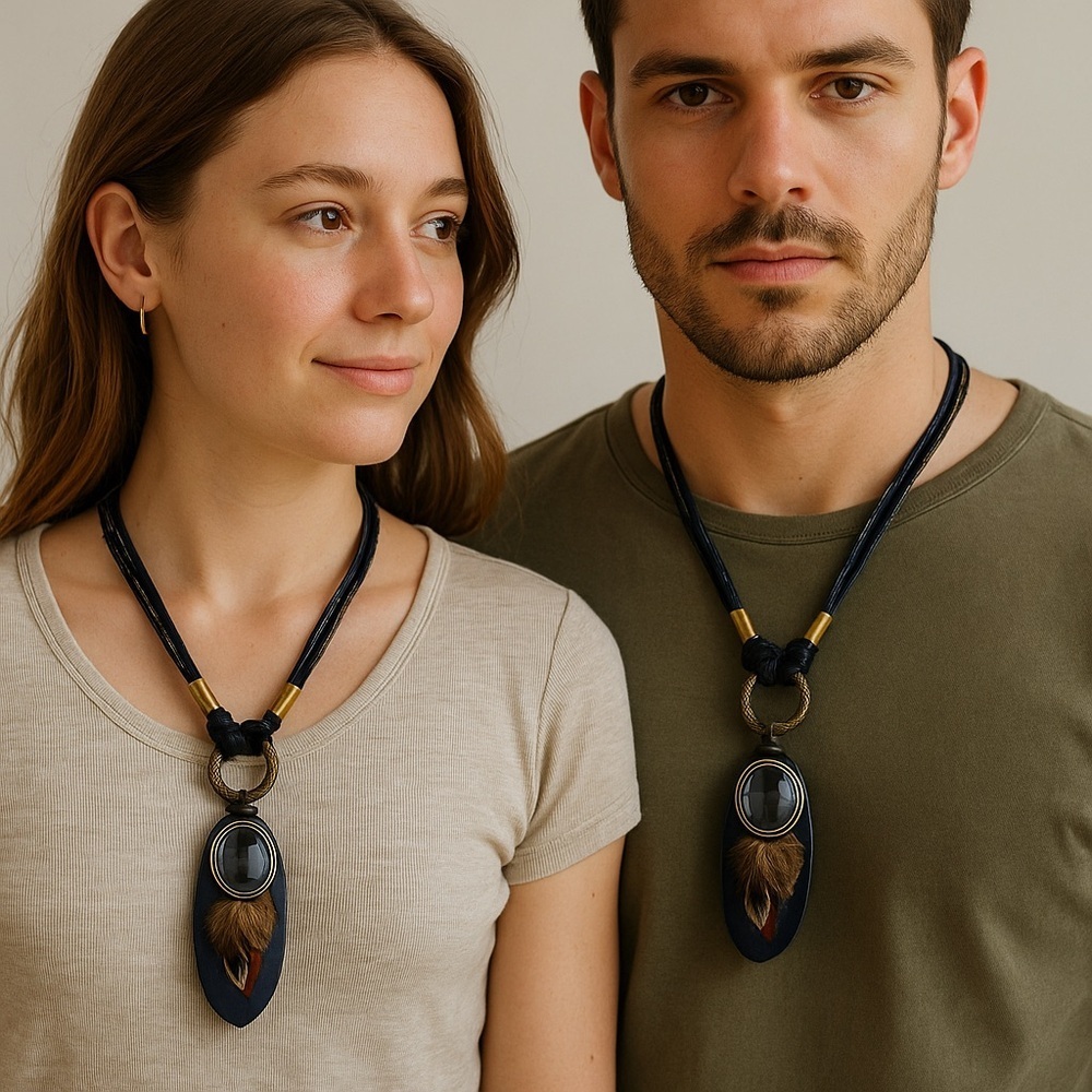 Boho Tribal Pendant Necklace with Feather and Blue Gem – Adjustable Unisex